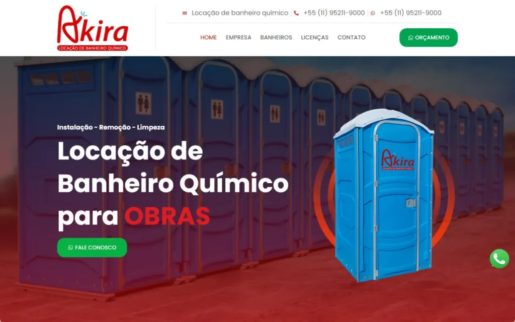 Site Akira Locação de Banheiro Químico criado pela Agência Aúnika