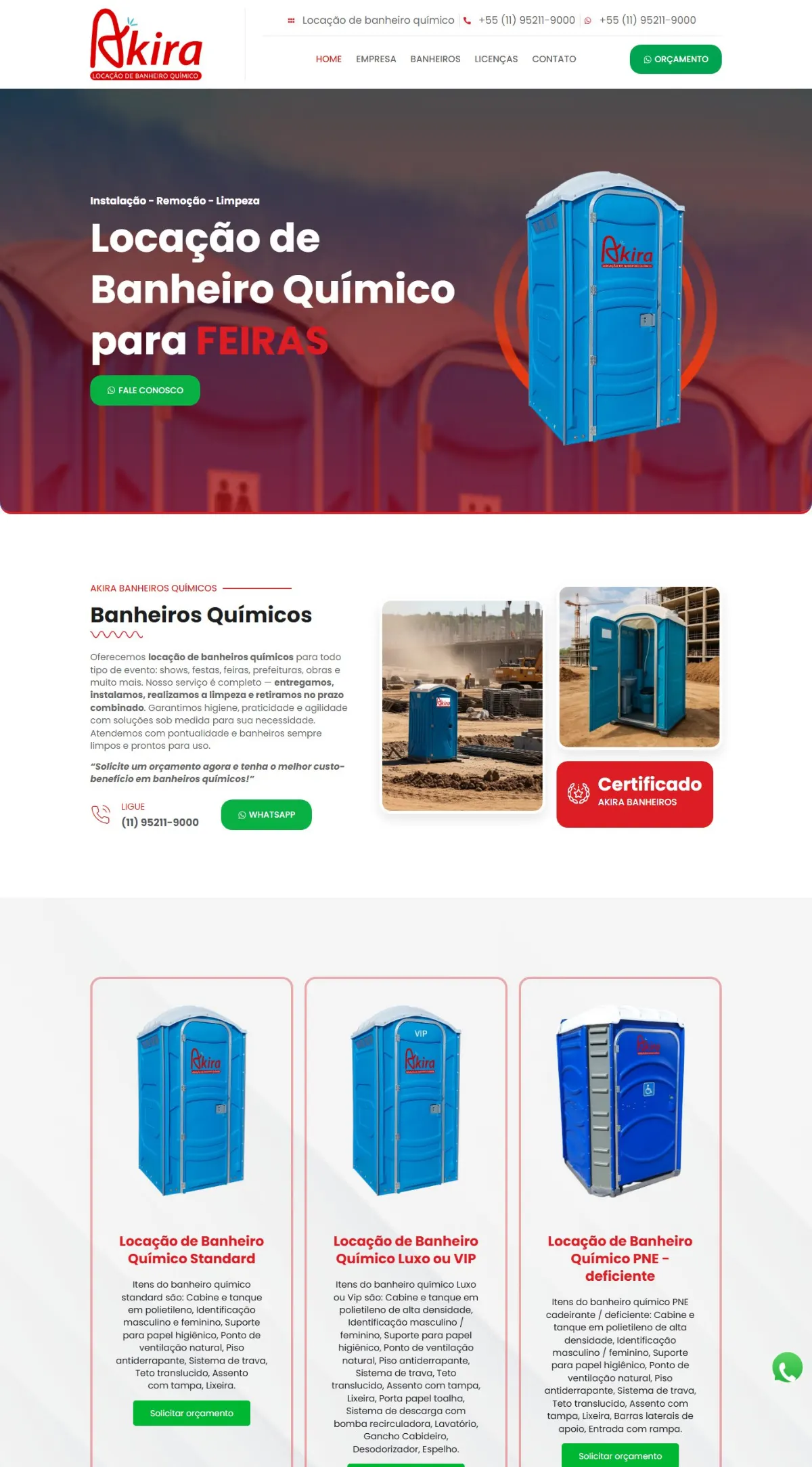 Página inicial do site Akira Locação de Banheiro Químico criado pela Agência Aúnika