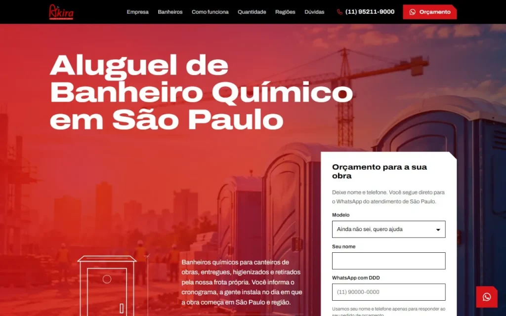 Site Akira Banheiros Químicos (obras) criado pela Agência Aúnika