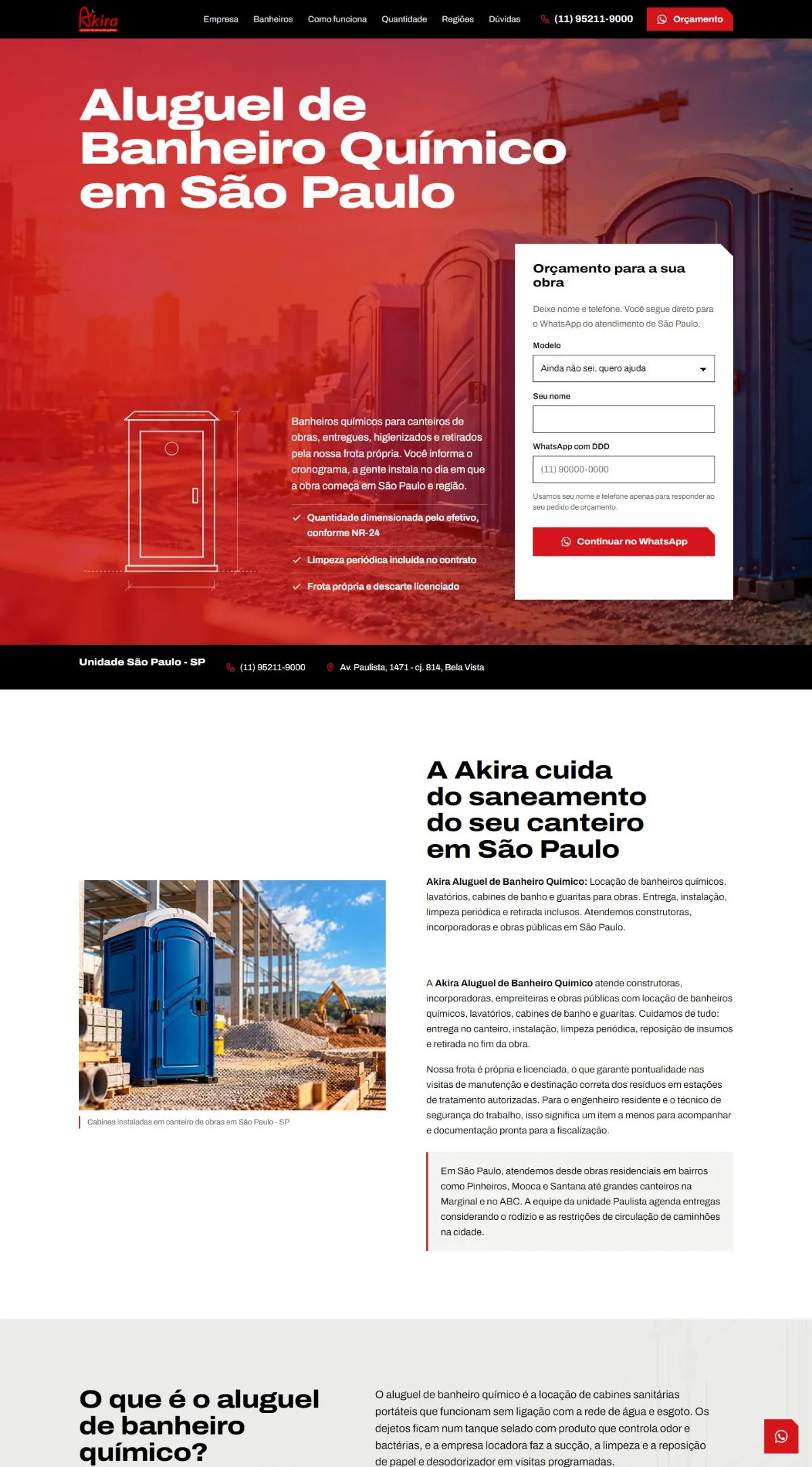 Página inicial do site Akira Banheiros Químicos (obras) criado pela Agência Aúnika