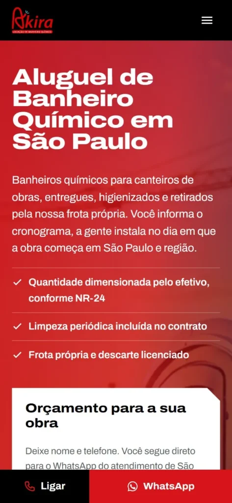 Versão para celular do site Akira Banheiros Químicos (obras)