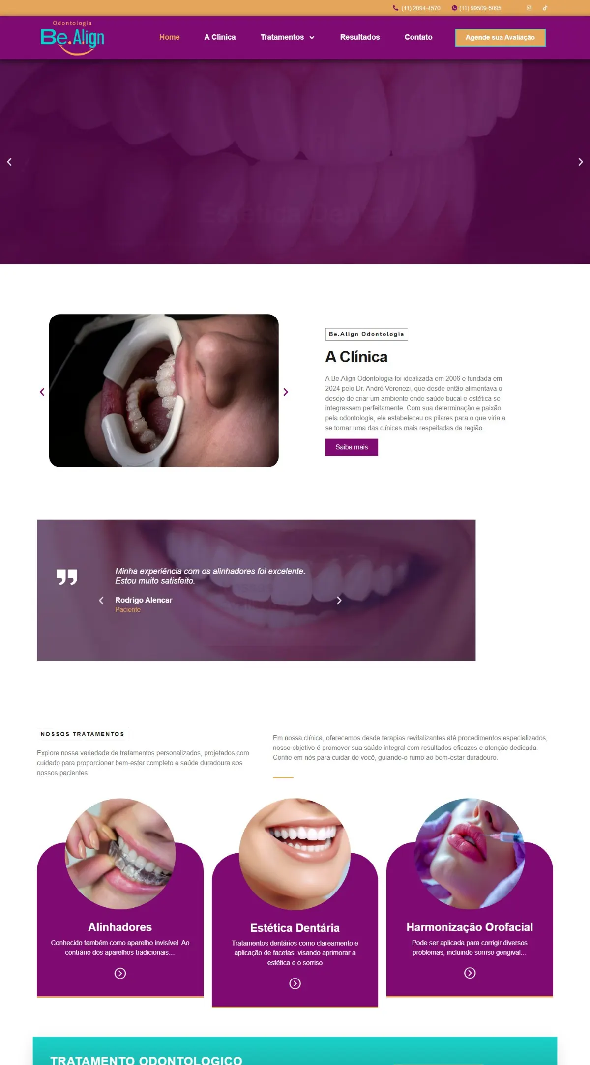 Página inicial do site Clínica Be Align criado pela Agência Aúnika