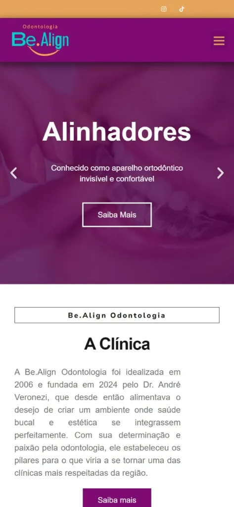 Versão para celular do site Clínica Be Align