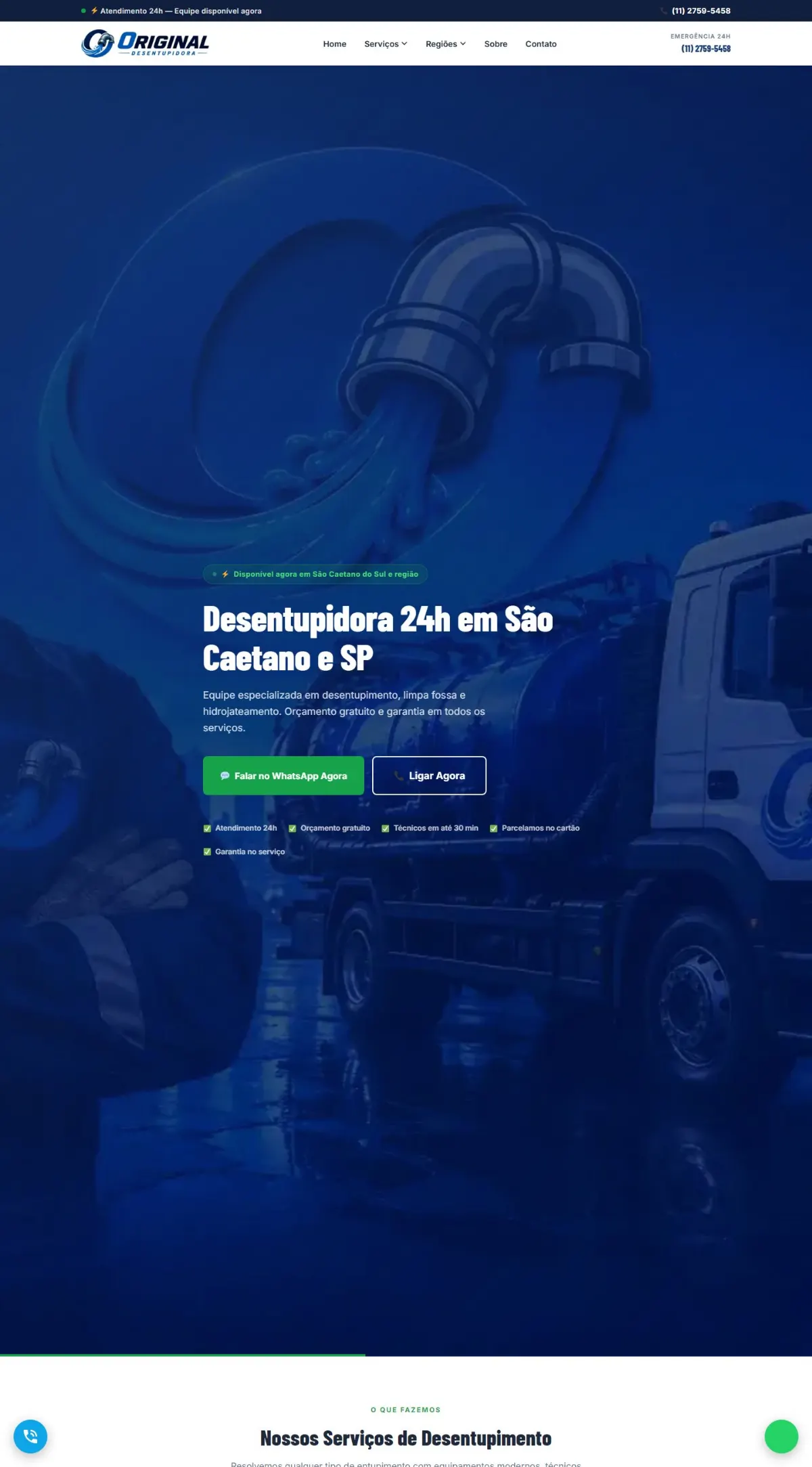 Página inicial do site Desentupidora Original criado pela Agência Aúnika