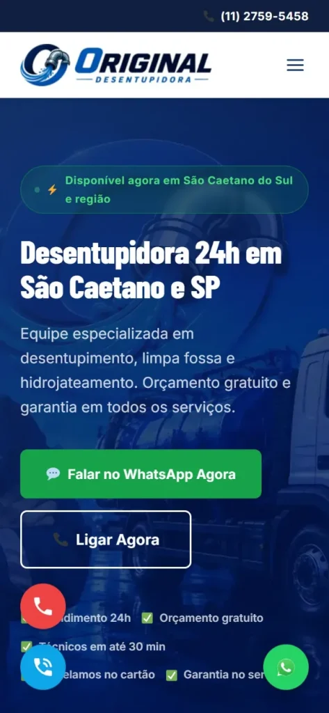 Versão para celular do site Desentupidora Original