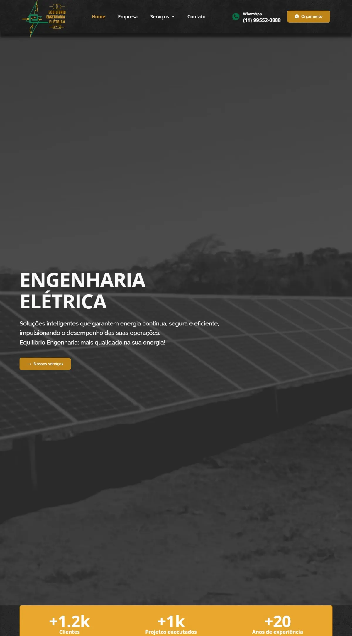 Página inicial do site Equilíbrio Engenharia Elétrica criado pela Agência Aúnika