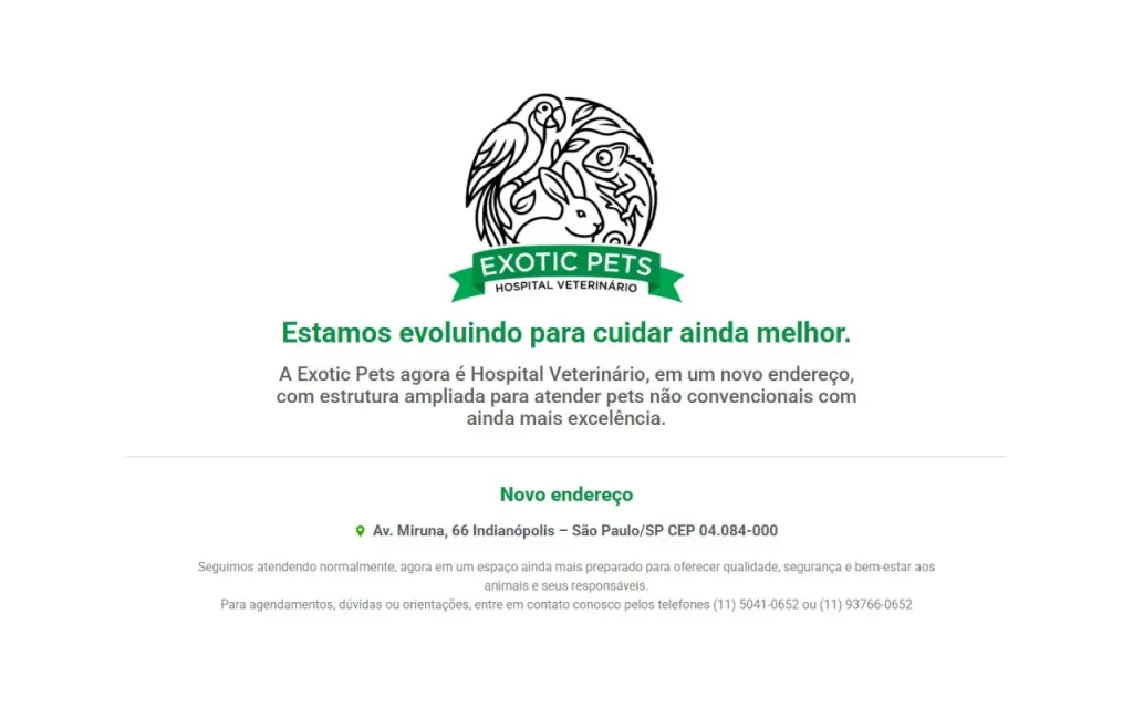 Site Exotic Pets Hospital Veterinário criado pela Agência Aúnika