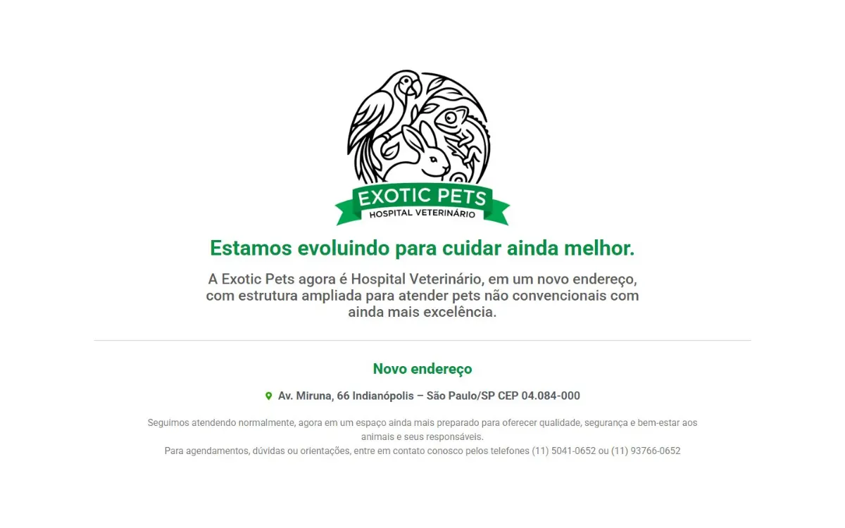 Página inicial do site Exotic Pets Hospital Veterinário criado pela Agência Aúnika