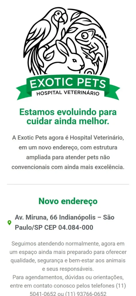 Versão para celular do site Exotic Pets Hospital Veterinário