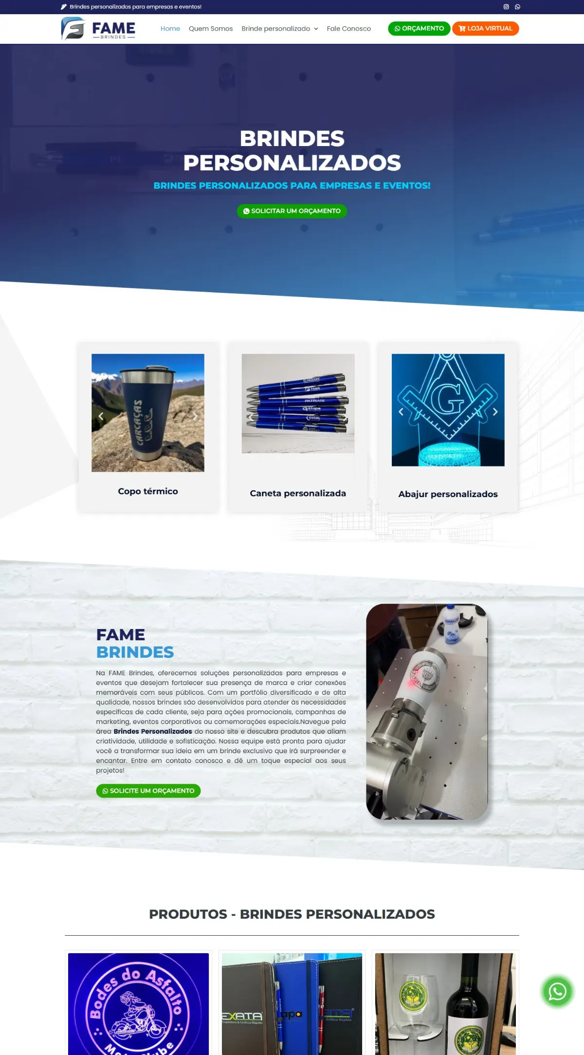Página inicial do site Fame Brindes criado pela Agência Aúnika