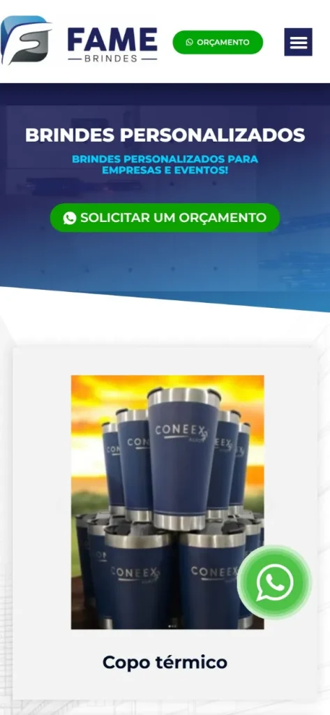 Versão para celular do site Fame Brindes