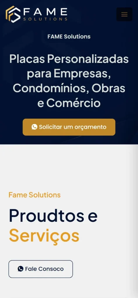 Versão para celular do site Fame Solutions