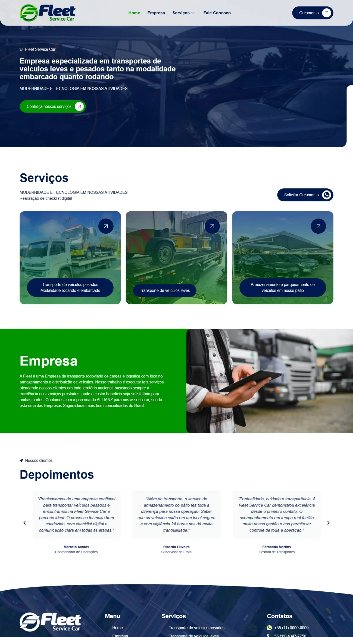 Página inicial do site Fleet Service Car criado pela Agência Aúnika