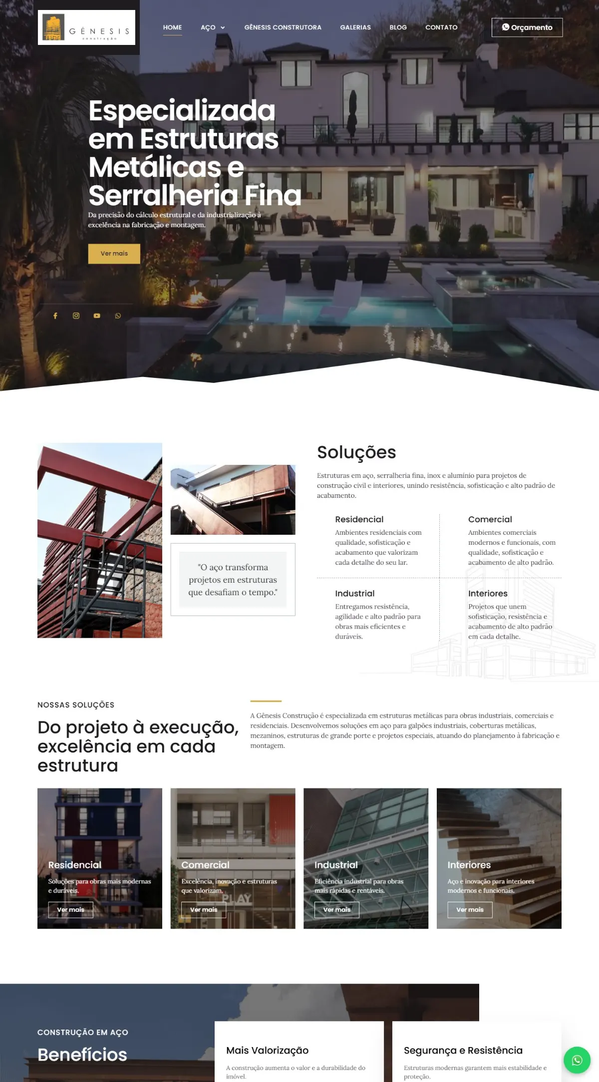 Página inicial do site Gênesis Construção em Aço criado pela Agência Aúnika