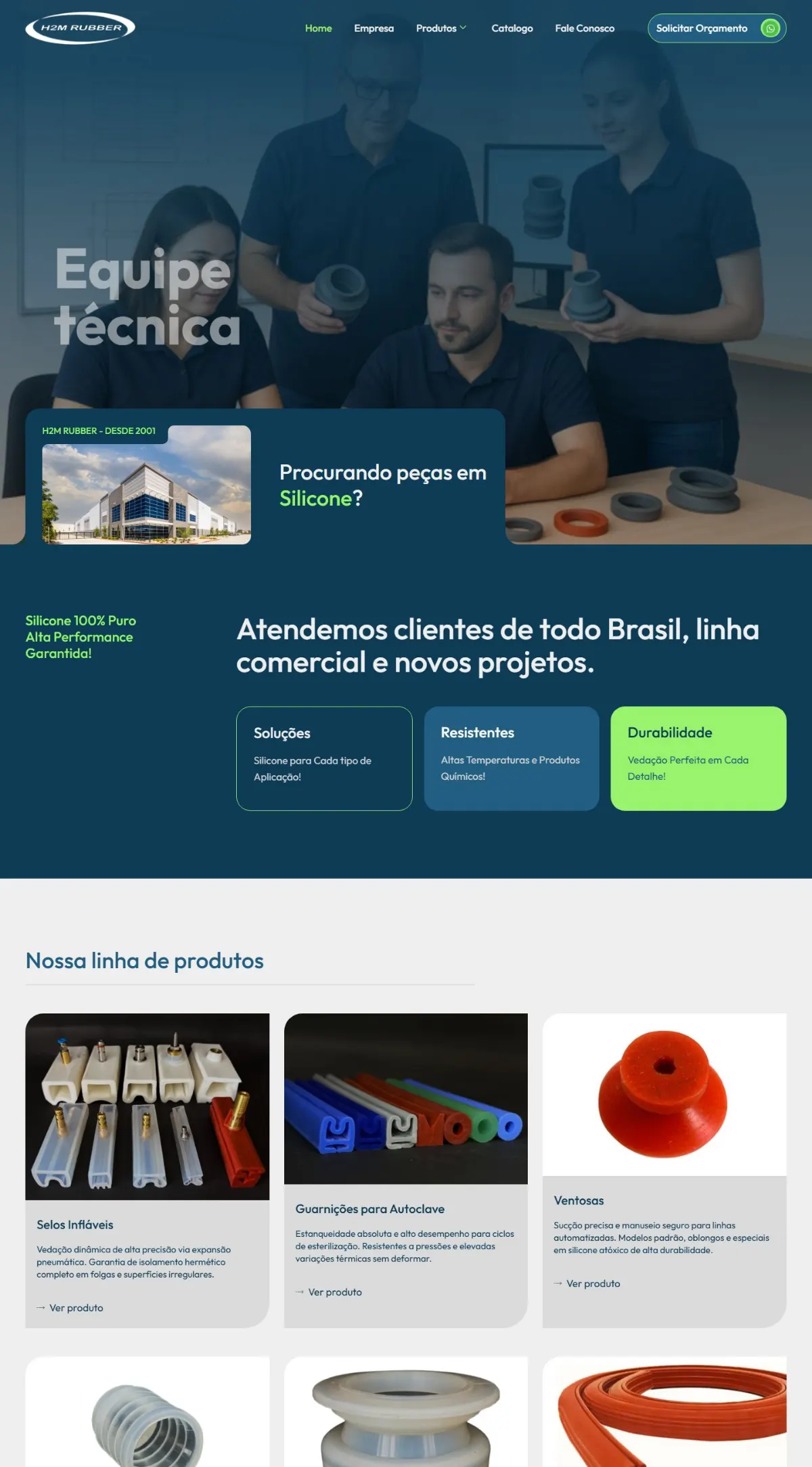 Página inicial do site H2M Rubber criado pela Agência Aúnika