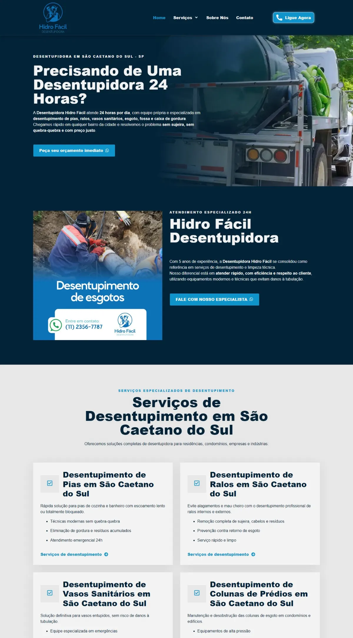 Página inicial do site Hidro Fácil Desentupidora criado pela Agência Aúnika