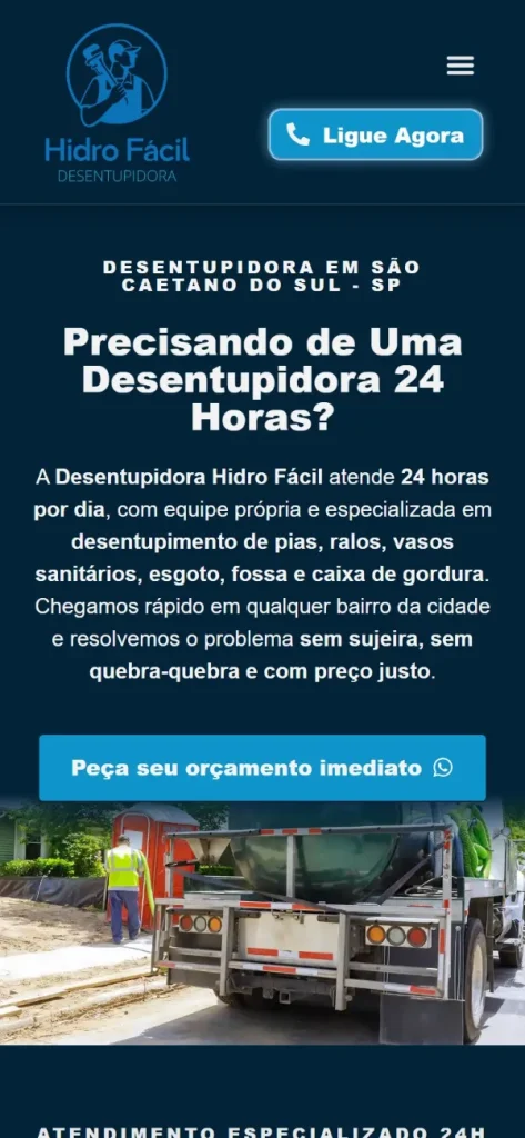 Versão para celular do site Hidro Fácil Desentupidora