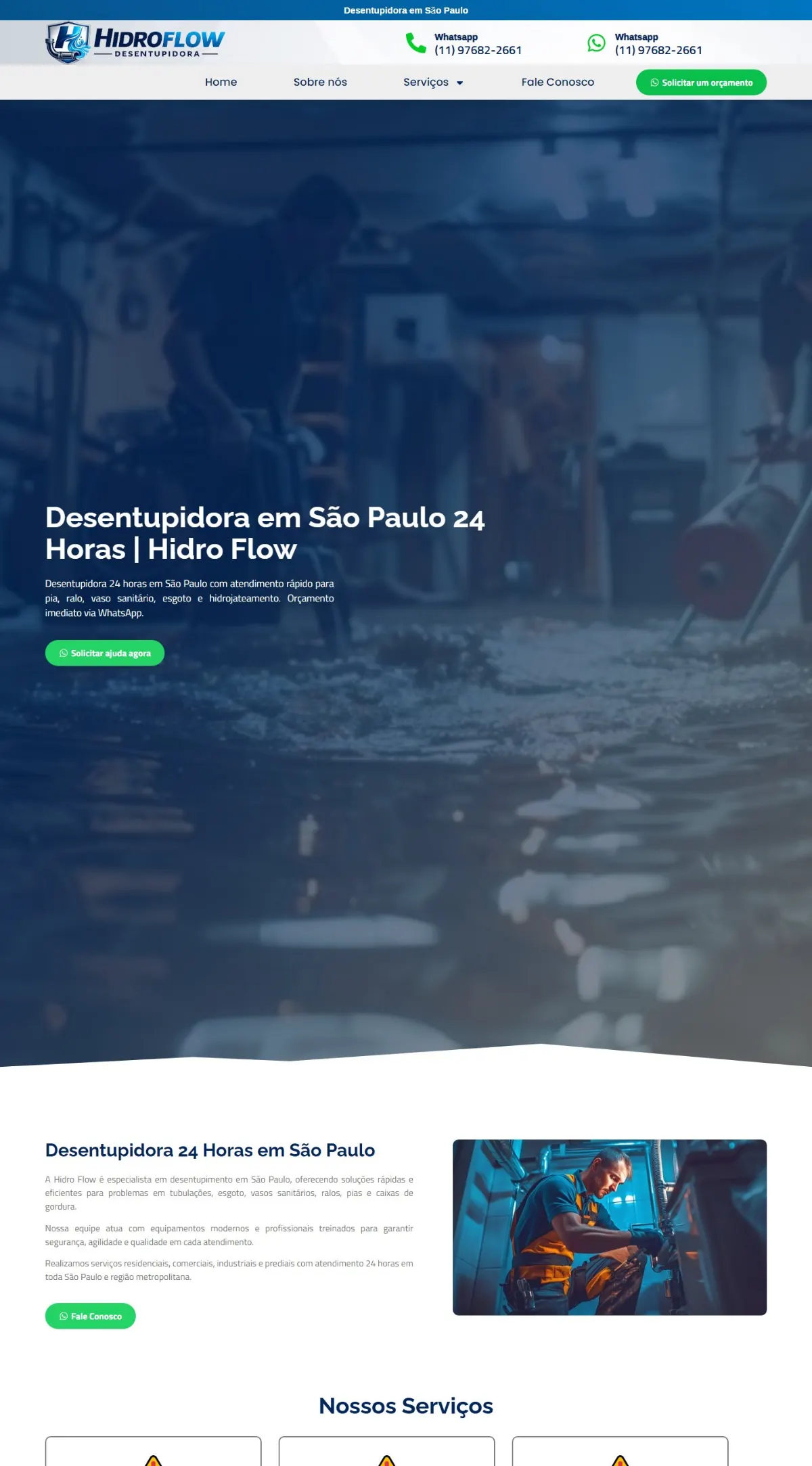 Página inicial do site Hidro Flow Desentupidora criado pela Agência Aúnika