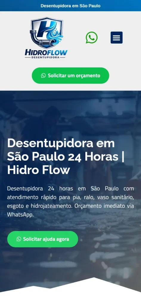 Versão para celular do site Hidro Flow Desentupidora