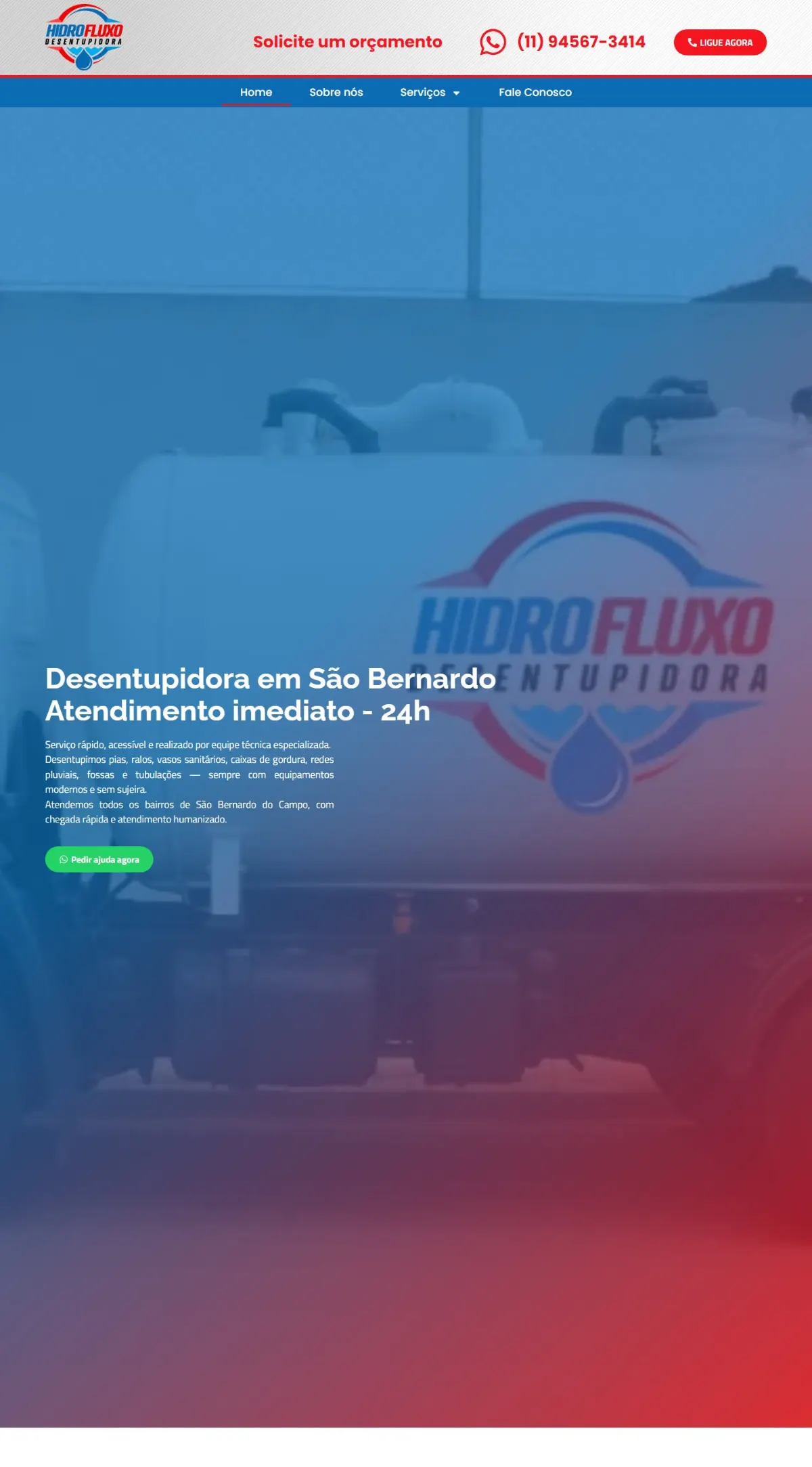 Página inicial do site Hidro Fluxo Desentupidora criado pela Agência Aúnika