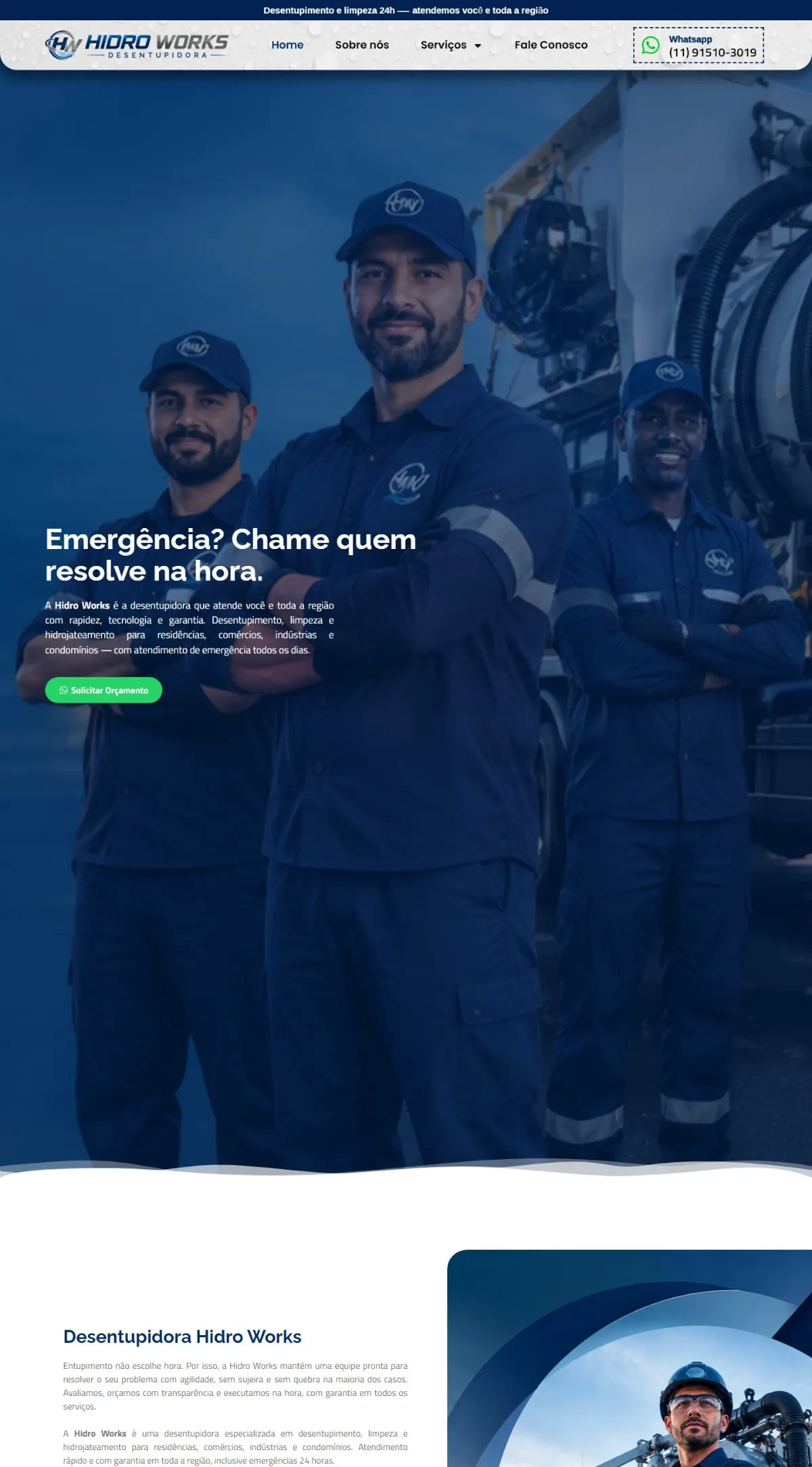 Página inicial do site Hidro Works Desentupidora criado pela Agência Aúnika