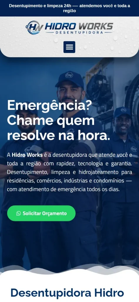 Versão para celular do site Hidro Works Desentupidora