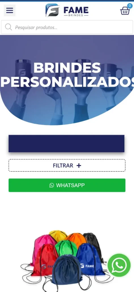 Versão para celular do site Loja Fame Brindes