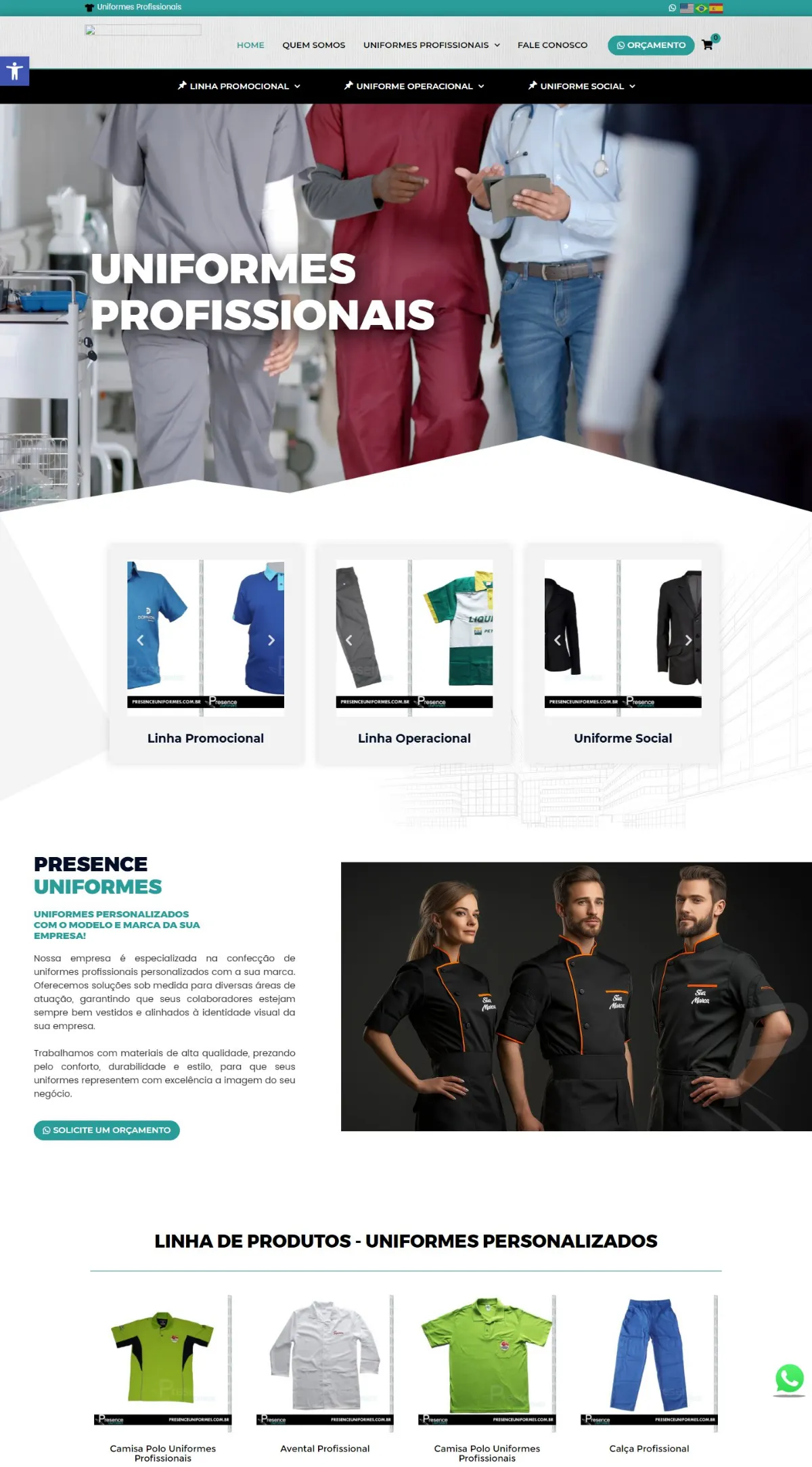 Página inicial do site Presence Uniformes criado pela Agência Aúnika