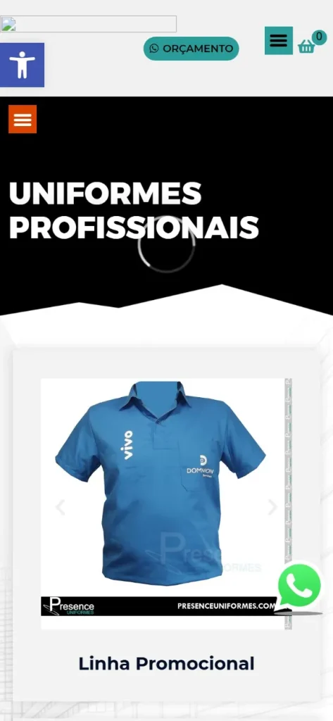 Versão para celular do site Presence Uniformes