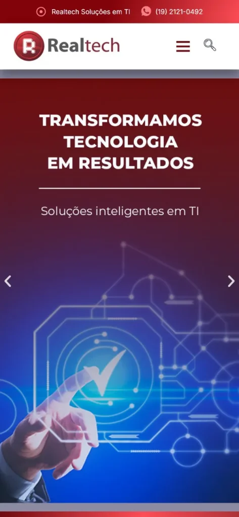 Versão para celular do site Realtech Soluções em TI