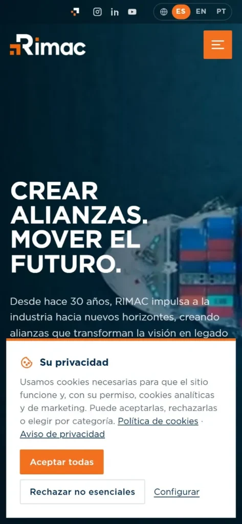 Versão para celular do site RIMAC México
