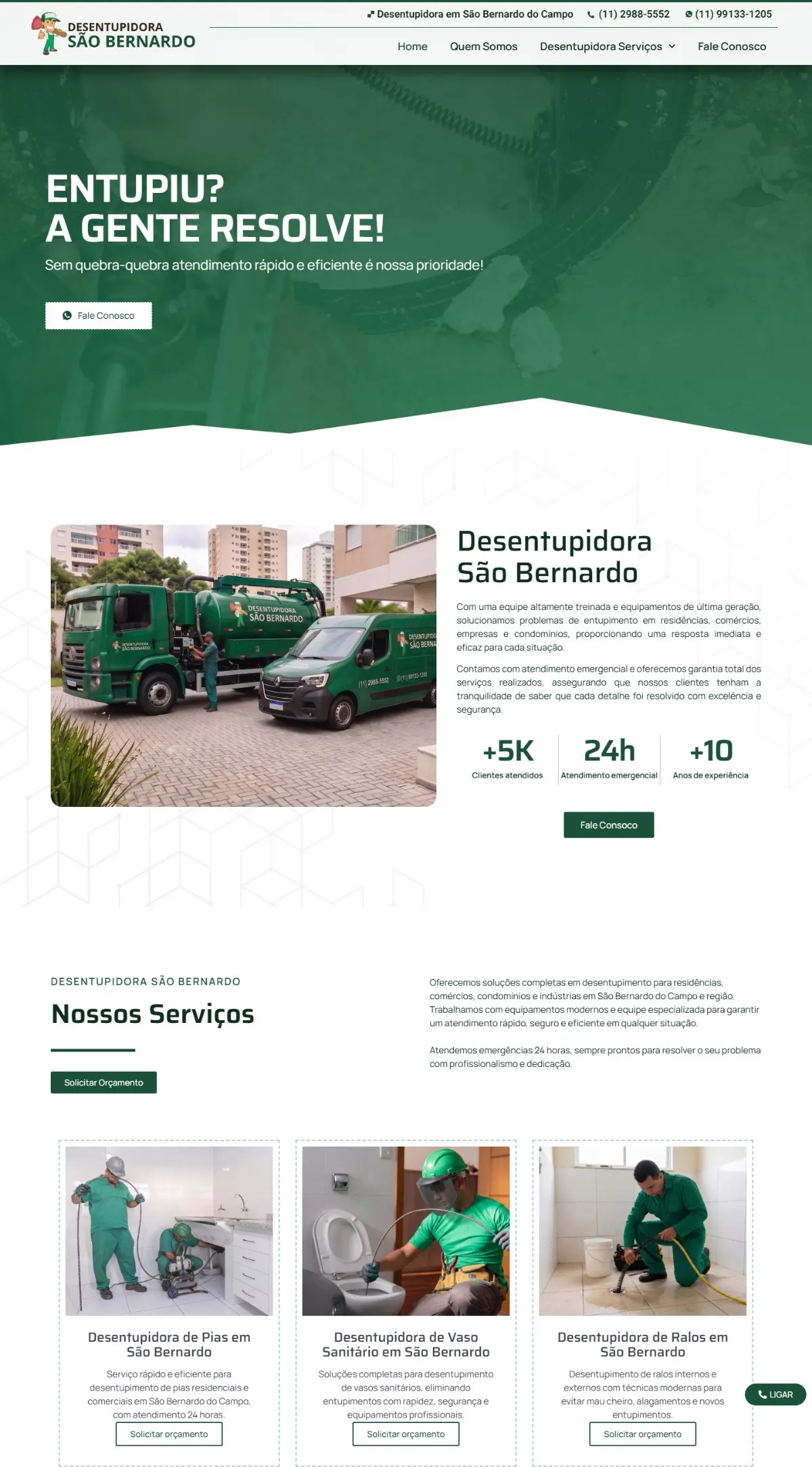 Página inicial do site Desentupidora São Bernardo criado pela Agência Aúnika