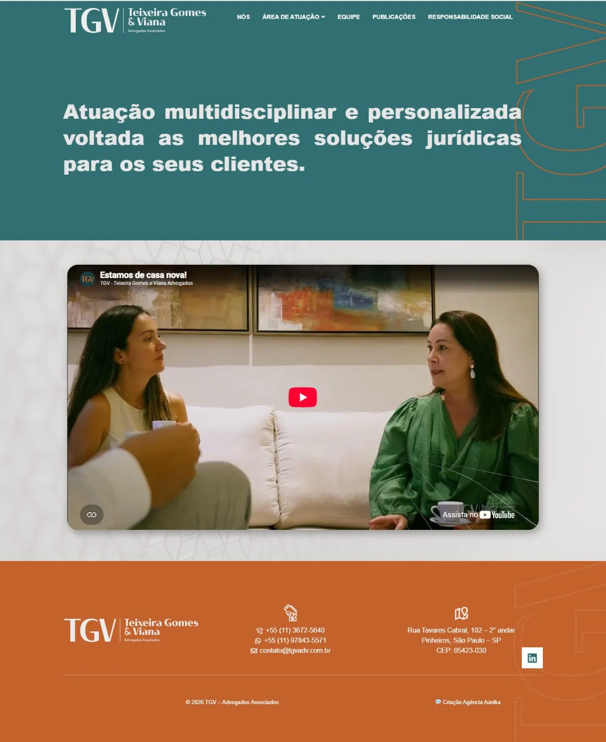 Página inicial do site TGV Advogados criado pela Agência Aúnika