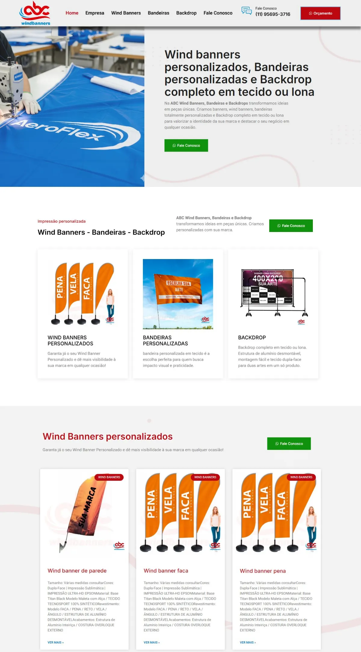 Página inicial do site ABC Wind Banners criado pela Agência Aúnika