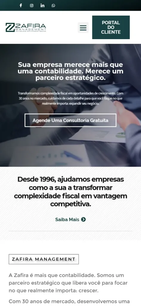 Versão para celular do site Zafira Contabilidade